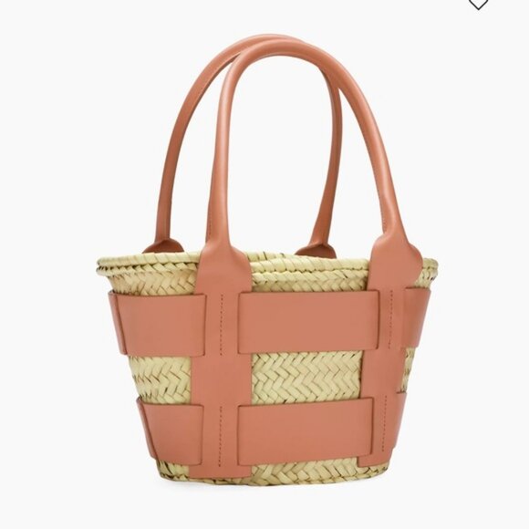 Mini Santorini Raffia & Leather Basket Bag- Coral NWT - Picture 4 of 6